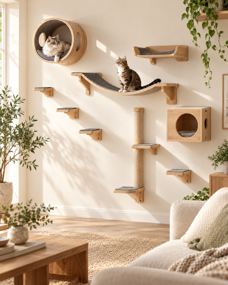 Koty korzystające z modułowej ściany Curved Comfort w jasnym salonie